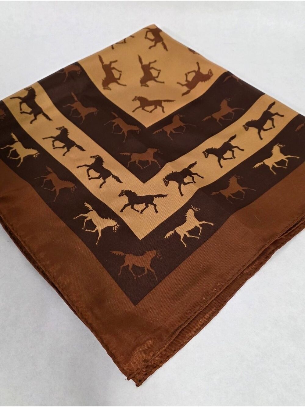Vintage Western Brown & Gold Equestrian Horse Themed Scarf - Made In Japan